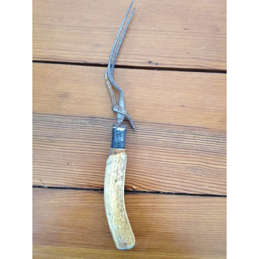 Vintage Antique Cast Metal Serving Carving Fork Natural Bone Antler Handle